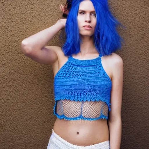 Image similar to A photo of a caucasian female model with blue hair wearing a crocheted croptop