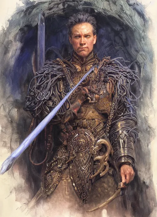 Image similar to a hyperrealistic and detailed paintbrush portrait of a male sorcerer warrior, art by donato giancola and bayard wu and gustav moreau and wayne barlowe