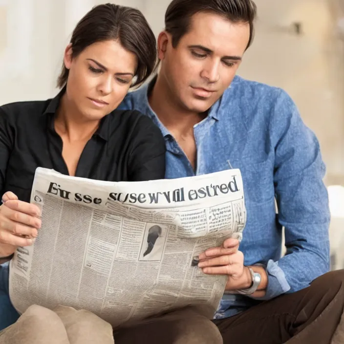 Prompt: man sitting in chair reading newspaper with attractive wife standing behind him