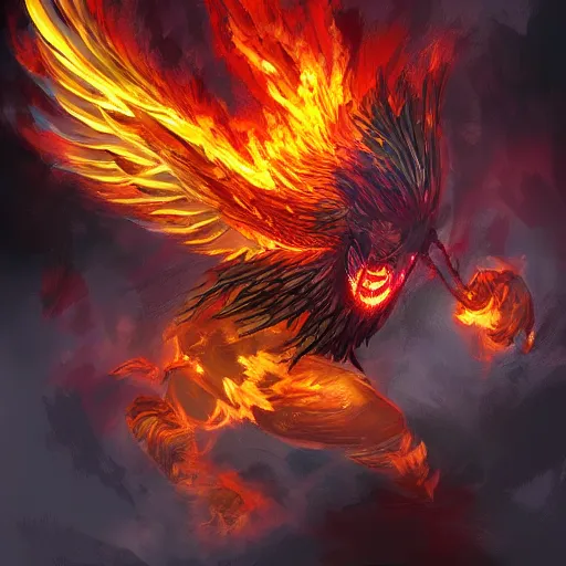 Prompt: angry phoenix bursting apart into a large fireball to burn human bandit enemies, digital painting, dramatic lighting, deviantart contest winner