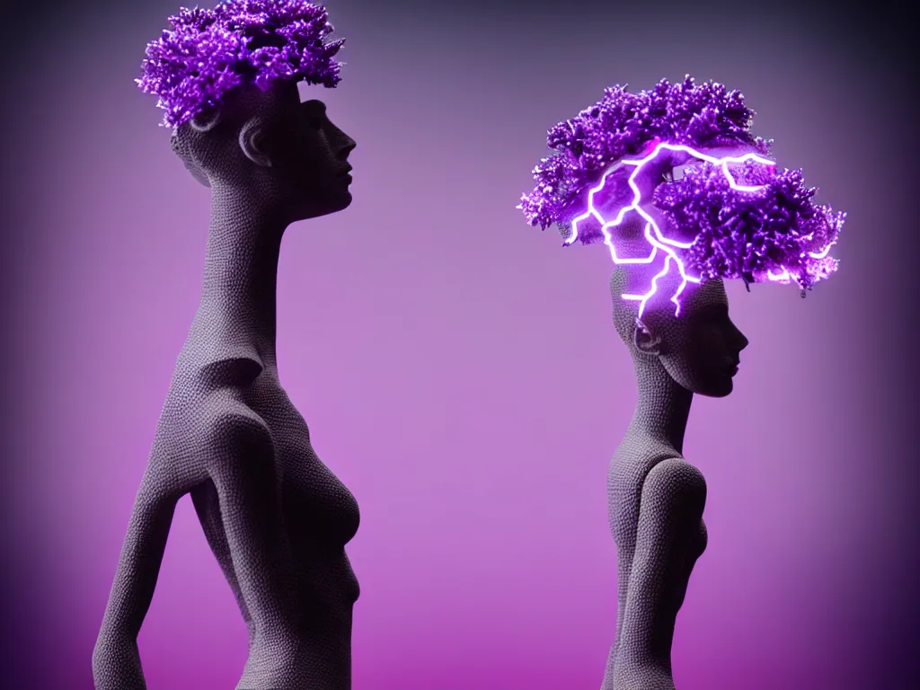 Image similar to beautiful mannequin sculpted out of amethyst by billelis + lit with purple 3 d geometric neon + chrome geometric cubed bonsai plants!!!!, dark grey clouds + neon pink lightning in background, clean linework, dramatic, finely detailed, rule of thirds, moody, confident, award winning, 4 k, trending on artstation, photorealistic, volumetric lighting, octane render