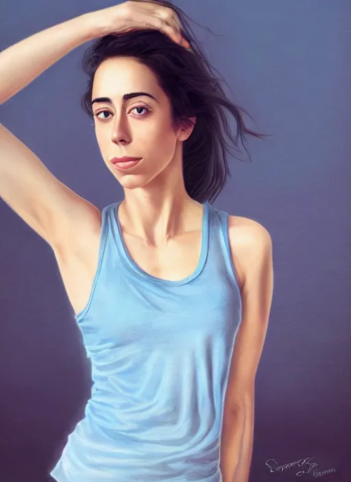 Prompt: full length photo of Oona Chaplin in a tanktop in the style of stefan kostic, light blue eyes, not realistic, sharp focus, 8k high definition, insanely detailed, intricate, elegant, art by stanley lau and artgerm