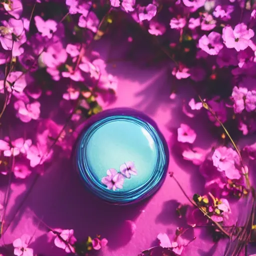 Prompt: pink perfume bottle sitting on the middle of a blue lake, close up shot, upfront, surrounded by pink flowers, blurred blue sky backround, softly - lit, soft - warm, zen, light, modern minimalist f 2 0 clean