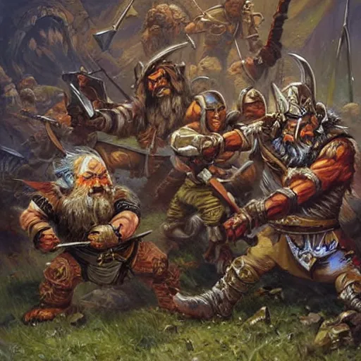 Image similar to DnD dwarves fighting goblins. Epic painting by james gurney.