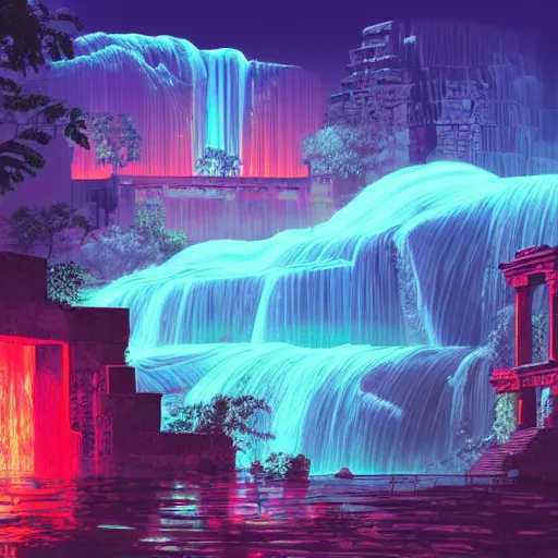 Image similar to neon ancient ruins with waterfalls,digital art,retrowave art,trending on art station