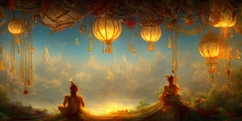 Image similar to painting of a god of wind enjoying his ornate heavenly palace, decorated with windchimes and paper lanterns, stunning nature in background, cinematic, 8 k, hyper detailed, digital art trending on artstation