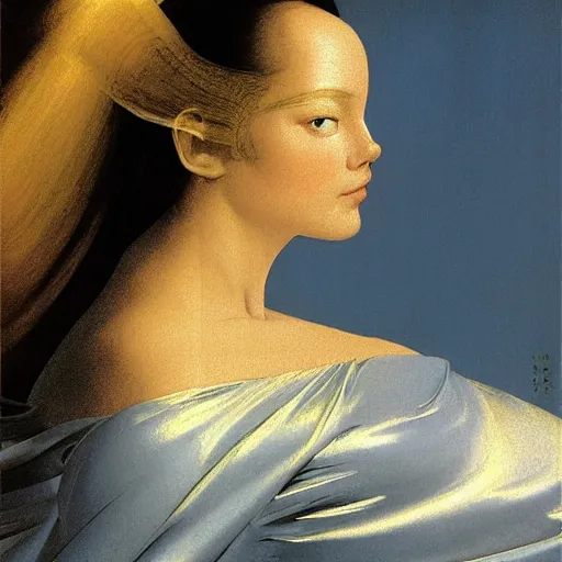 Image similar to a chrome woman's face in flowing sheets of cobalt blue gold chrome silver satin, by moebius syd mead roger dean donato giancola michael whelan yoshitaka amano ivan aivazovsky jan de heem pieter claesz paul delaroche alma tadema aelbert cuyp willem claesz isaac levitan, hyperrealistic volumetric light render