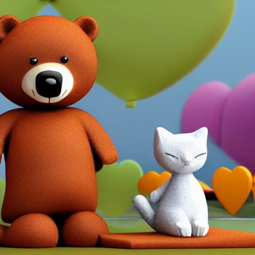 Image similar to cartoon bear and cartoon cat in love, cgi render