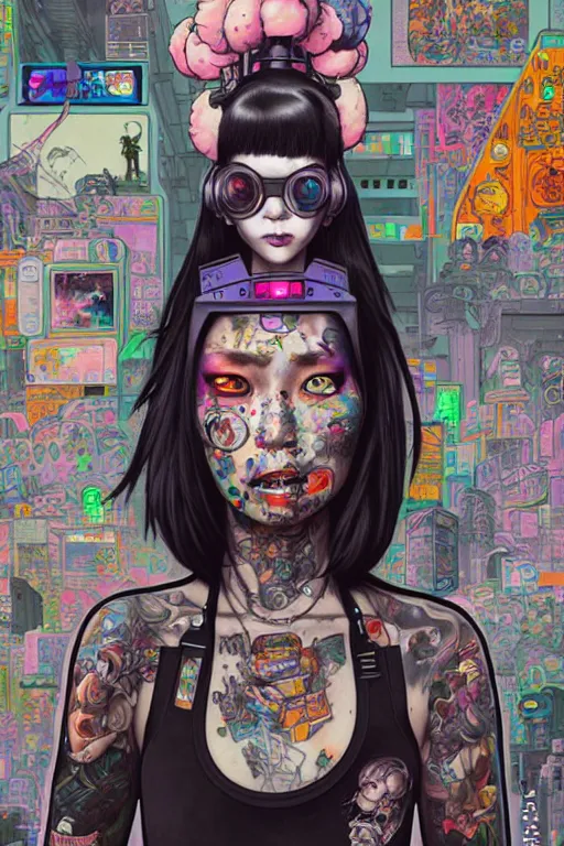 Image similar to full view, from a distance, of anthropomorphic trashcan who is cyberpunk girl with tattoos playing video games, style of yoshii chie and hikari shimoda and martine johanna, highly detailed
