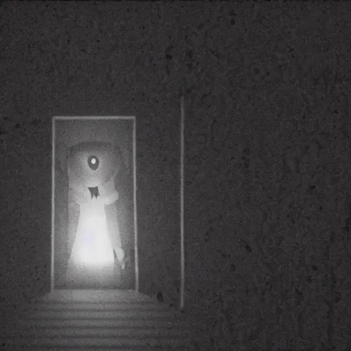 Image similar to an creepy skinwalker with an unnatural smile from the p. t. video game, it is deformed and is staring at the camera from the end of a dark liminal hallway. caught on vhs, film grain, flashlight lighting,