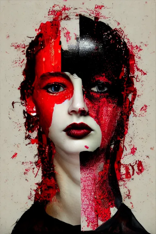 Prompt: glitched mix of endless female faces and red paint in style of neo-dada