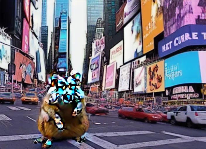 Prompt: a photo of a a giant hamster terrorizing times square,