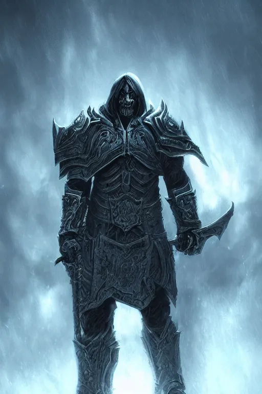 Image similar to death knight full body portrait, stunning visuals, cinematic, dynamic lighting, gloomy mood, photorealism art, concept art, fantasy art