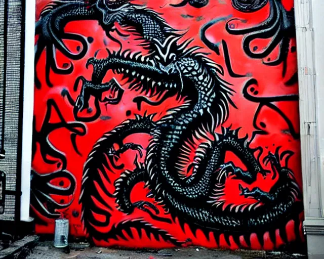 Prompt: a wall that has some lovecraftian graffiti on it inspired by wretched dragon rib cage. red and black colors. the art is horrific.