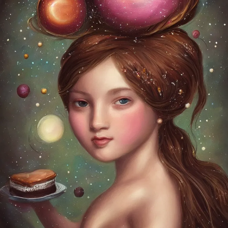 Image similar to a beautiful portrait of a girl on whose head a space and cosmic places like ganache, planets like a whipped frosting or filling made with semisweet chocolate and cream, used for cakes, pastries, and candies, highly detailed, fantasy art