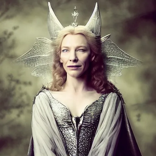 Prompt: portrait of mischievous, baleful young, smiling (Cate Blanchett) as Galadriel as a queen of fairies, dressed in a beautiful silver dress. The background is a dark, creepy eastern europen forrest. night, horroristic shadows, high contrasts, lumnious, photorealistic, dreamlike, (mist filters), theatrical, character concept art by ruan jia, John Anster Fitzgerald, thomas kinkade, and J.Dickenson, trending on Artstation