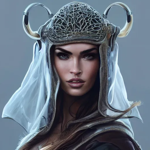 Image similar to an attractive young female with metal rings on her face wearing an burgonet helmet, megan fox, olive skin, long dark hair, beautiful bone structure, intricate, elegant, highly detailed, digital painting, artstation, concept art, smooth, sharp focus, illustration, art by artgerm and greg rutkowski and alphonse mucha