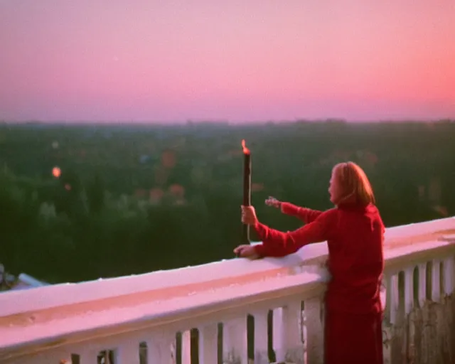 Image similar to lomo photo of pair standing on small hrushevka balcony full with cigarette smoke in small russian town looking at sunset, cinestill, bokeh