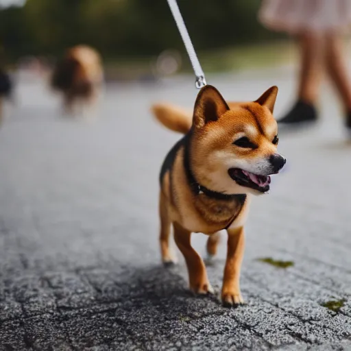 Image similar to close up photo of a tiny emma watson walking her shiba inu, cinematic, shallow dof, 3 5 mm, 4 k, macro