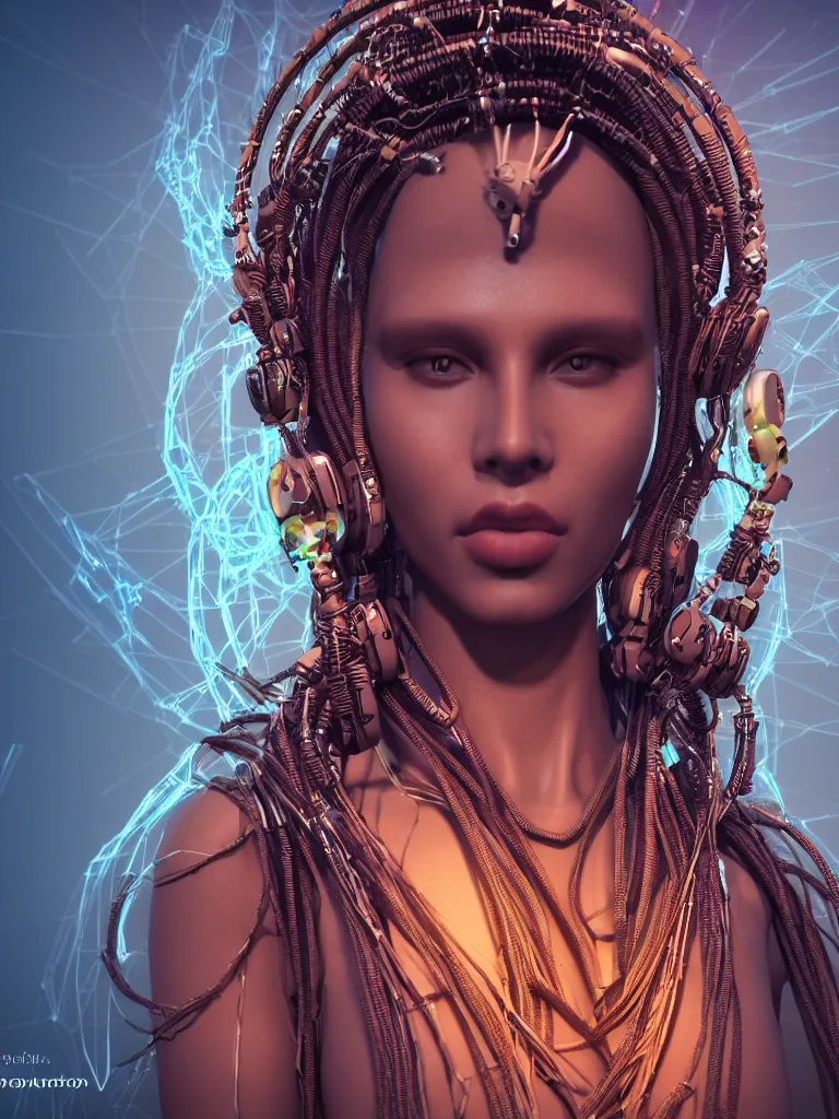 Prompt: a centered render of an alluring mystical tribal goddess adorned with cables and synthesizer parts is surrounded by sacred geometry, full body, gorgeous face, perfect face, powerful, cinematic, beautifully lit, by viktoria gavrilenko, 3 d, trending on artstation, octane render, 8 k