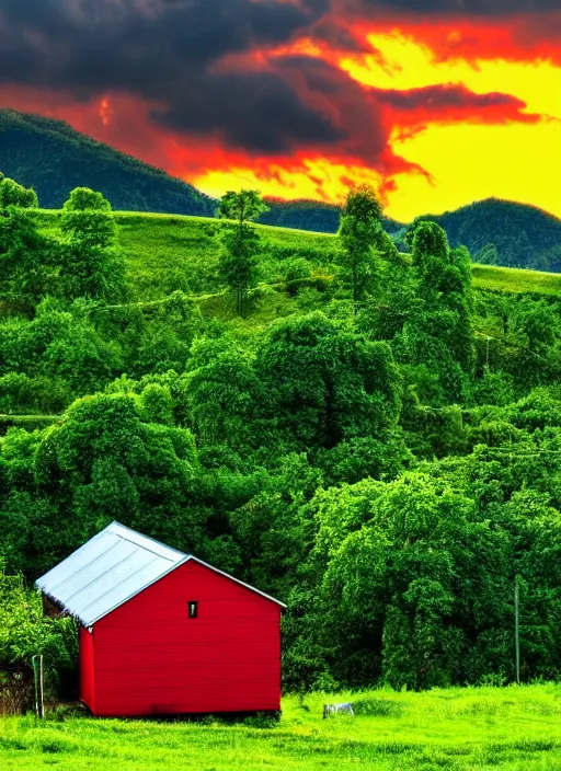 Image similar to red mountain ash, green fence, wooden house, village, clouds in the sky, sunset, summer