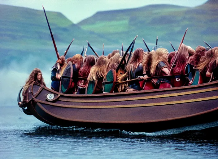 Prompt: photo of beautiful angry viking women in speed boats invading scottland, hyperrealism, fujifilm velvia 5 0