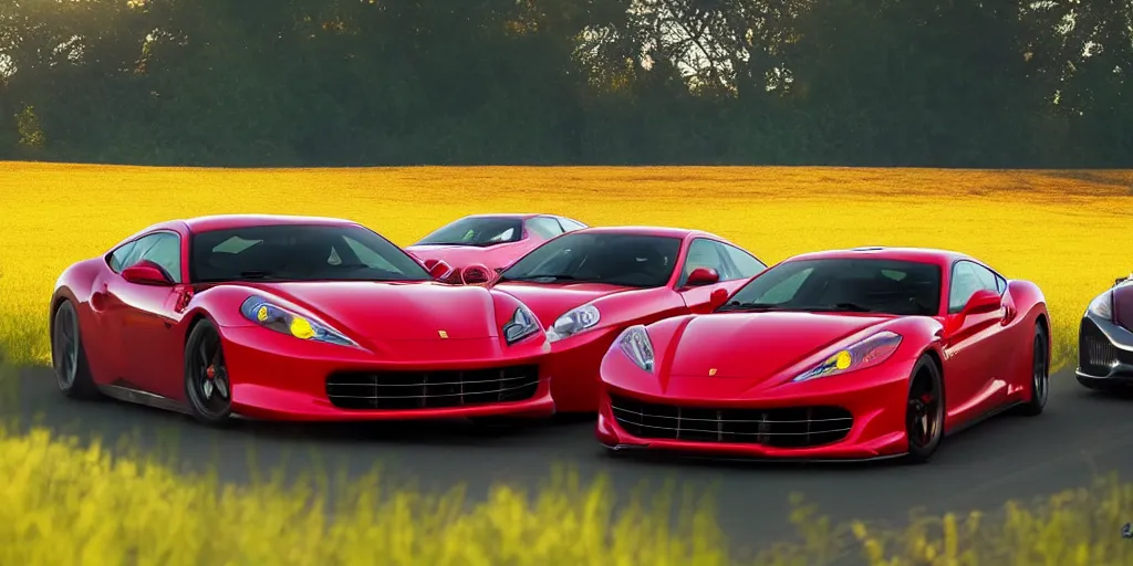 Prompt: cinematic fast sportscar reminiscent of toyota, ferrari and porsche in a lush field, shiny, red, beautiful lighting, photorealistic, sharp, sunset, by scott robertson