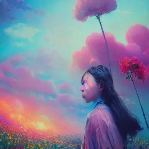 Image similar to girl with an blooming flower for a face, surreal photography, dream, standing in flower field, magical, in a valley, sunrise dramatic light, impressionist painting, colorful clouds, artstation, simon stalenhag, exploding flower face