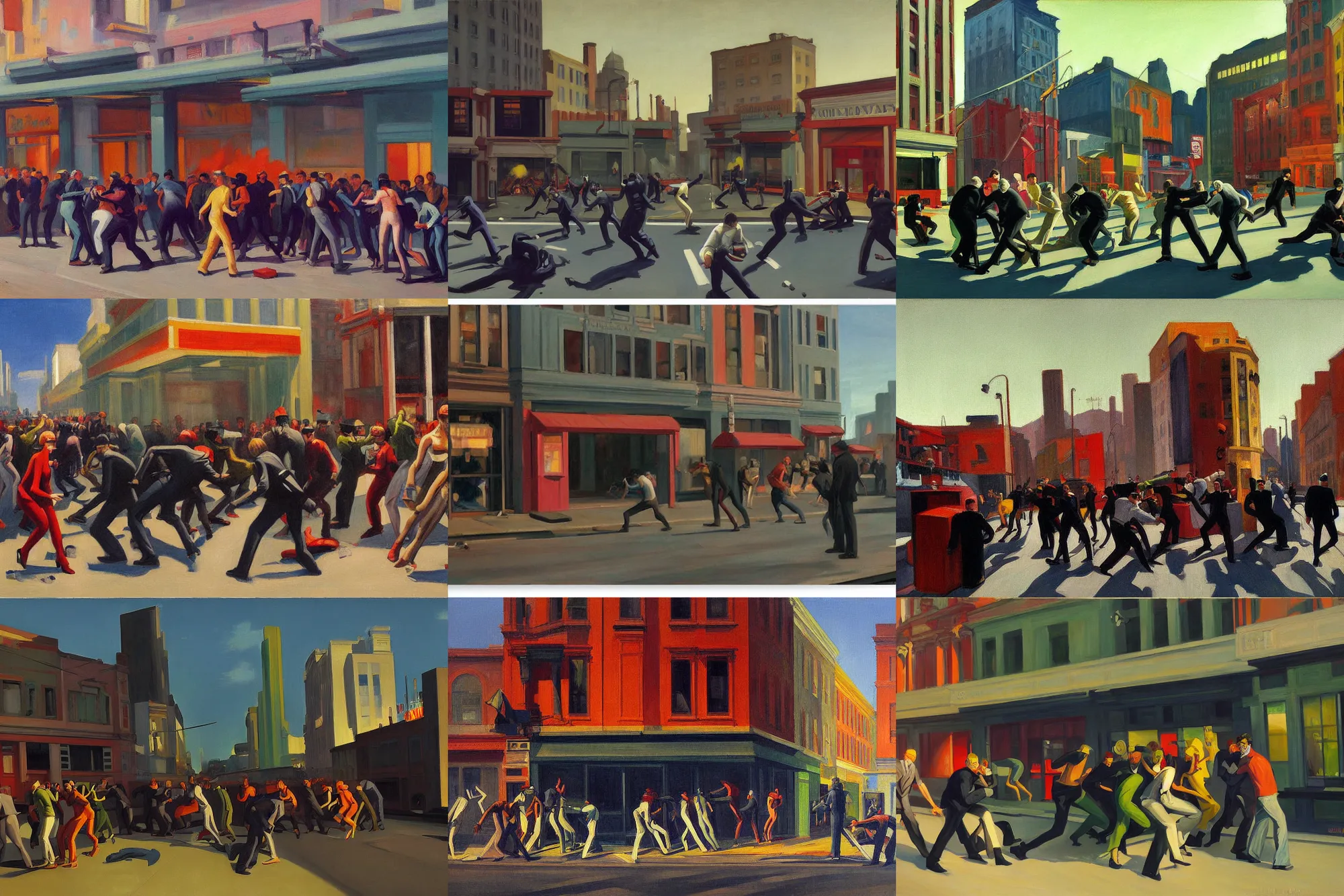 Prompt: A painting of a chaotic cyberpunk street riot by Edward Hopper