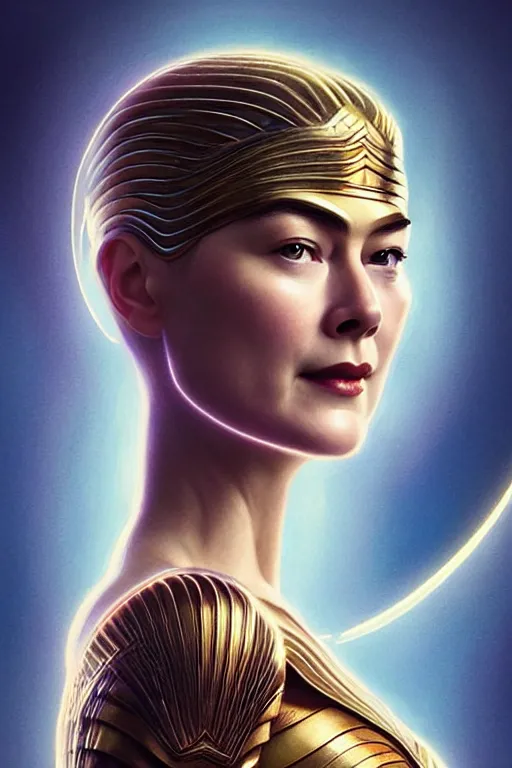 Image similar to young rosamund pike portrait as wonderwoman, art deco, fantasy, intricate art deco designs, elegant, highly detailed fractals, sharp focus, art by artgerm and beeple and greg rutkowski and wlop