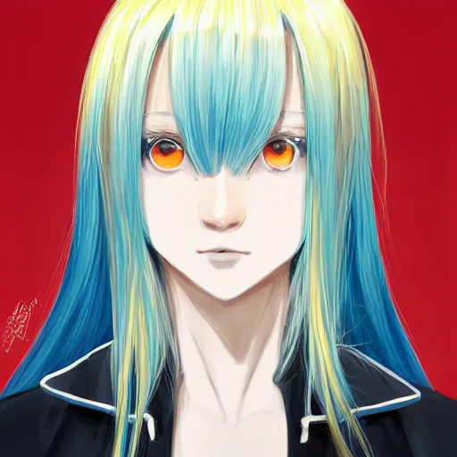 Image similar to profile shot of rimuru tempest, sky blue straight hair, long bangs, gold eyes, amber eyes, wearing a black jacket with white stripes, high collar, ultra detailed, wild brush strokes, digital painting, cinematic, wlop, pixiv, color block, eerie, scary, yoshitaka amano, ilya kuvshinov, andy warhol