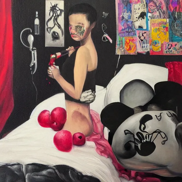 Image similar to a portrait in a female artist's bedroom, black walls, emo girl riding an inflatable pig, sheet music, berries, surgical supplies, pancakes, black flowers, sensual, octopus, neo - expressionism, surrealism, acrylic and spray paint and oilstick on canvas