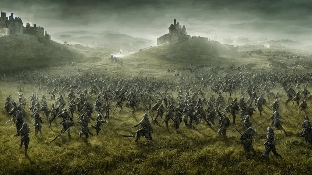 Prompt: A Game of Thrones Battlefield, Medieval Army of House Stark fighting House Lannister, Open green grass field, foggy atmosphere, volumetric lighting, fantasy artwork, very beautiful scenery, very realistic painting effect, hd, hdr, cinematic 4k wallpaper, 8k, ultra detailed, high resolution, artstation