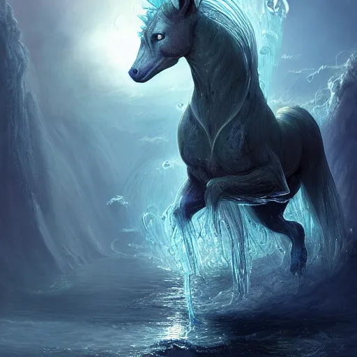 Prompt: a fantastical poney made of water, translucent, transparent, ethereal, hyperalism, cute, scottish kelpie, digital painting, artstation, concept art, smooth, 8 k frostbite 3 engine, ultra detailed, art by artgerm and greg rutkowski and magali villeneuve