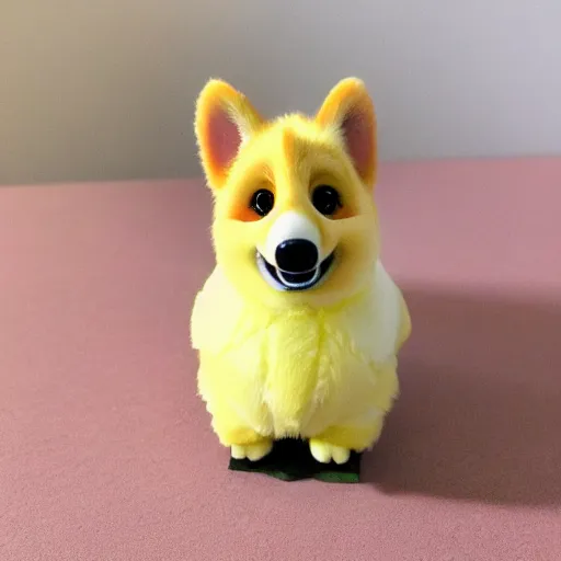 Image similar to a photograph of a corgi furby toy, very cute, soft lighting