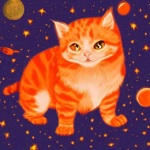 Image similar to A fuzzy orange cat sitting on planet earth, space with stars in the background, highly-detailed illustration, Artstation