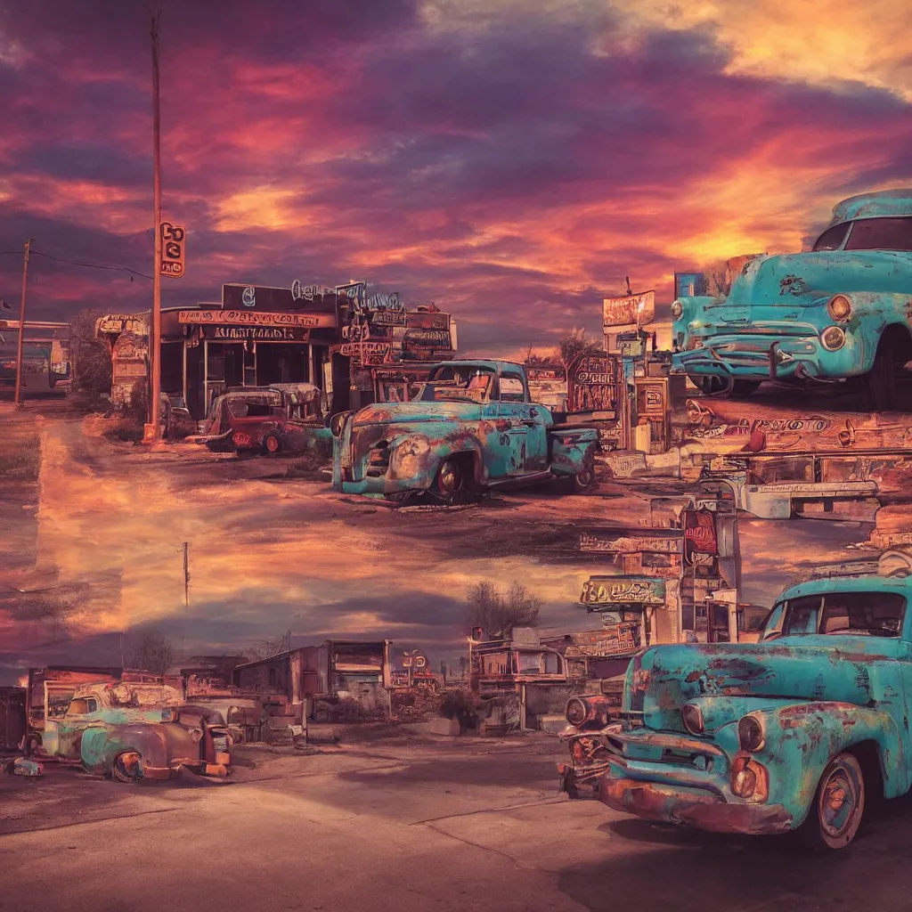 Image similar to a sunset light landscape with historical route 6 6, lots of sparkling details and sun ray ’ s, blinding backlight, smoke, volumetric lighting, colorful, octane, 3 5 mm, abandoned gas station, old rusty pickup - truck, beautiful epic colored reflections, very colorful heavenly, softlight