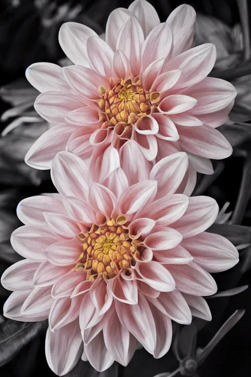 Prompt: botanical photo, dahlia, shot with hasselblad, photography, photorealism, ultrasharp details, ultradetailed, intricate, soft diffuse lights, by dorothea lange and horst p horst, aesthetic film grain, pastels colours