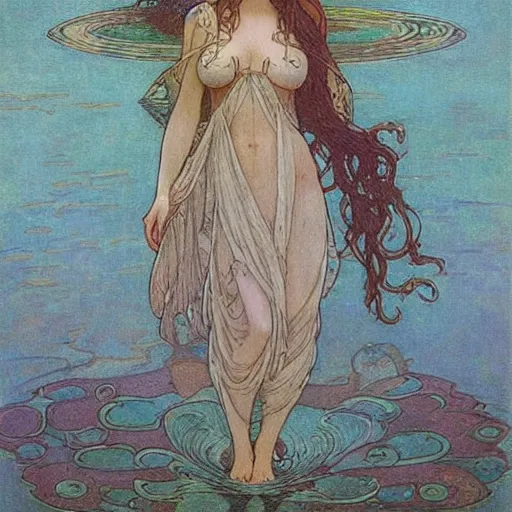 Prompt: magical water spirit woman looking towards the sea, dreamy atmosphere, mucha, gurney