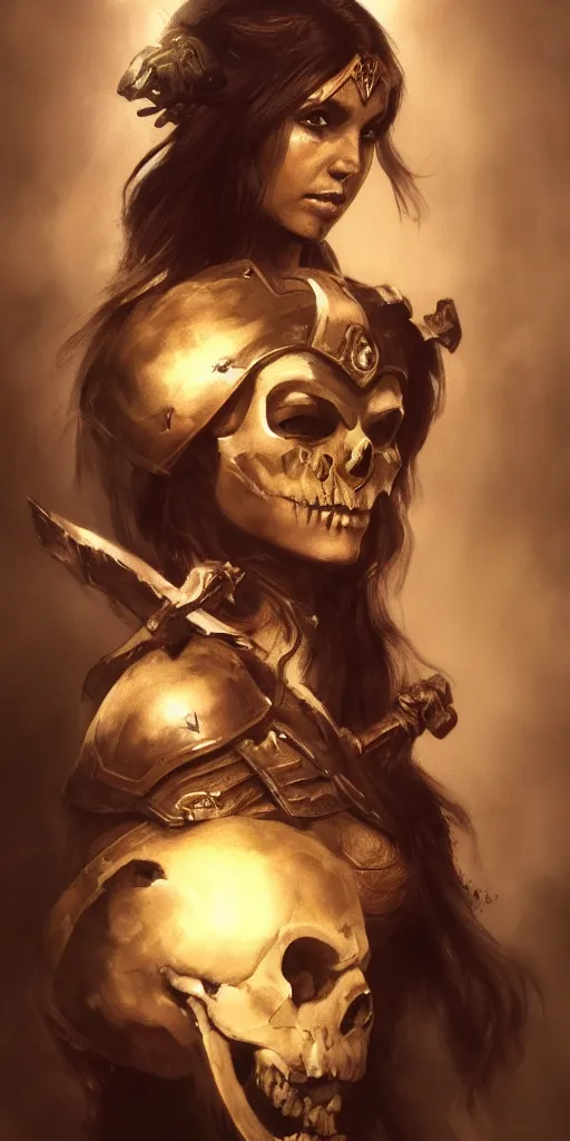 Image similar to a beautiful gorgeous female warrior lady holding a skull in front of her, in a dark setting by Frank Frazetta, atmospheric, trending on artstation, 4K, subsurface scattering, global illumination, cinematic lighting, UHD, HDR