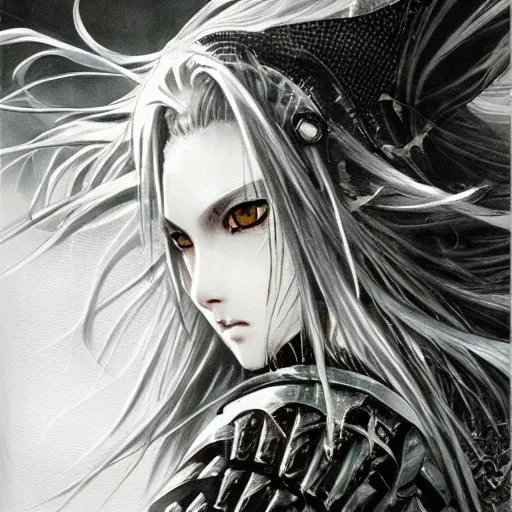 Image similar to yoshitaka amano realistic illustration of an anime girl with wavy white hair and cracks on her face wearing elden ring armour with the cape fluttering in the wind, abstract black and white patterns on the background, noisy film grain effect, highly detailed, renaissance oil painting, weird portrait angle