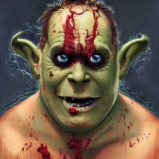 Image similar to horror monster makeup grinning one-eyed grimpunk vile reprobate portrait portrait Cyclops Cyclops Polyphemus shrek with tombow norman rockwell greg rutkowski frank frazetta alexandre briclot Dave Dorman splatterpaint