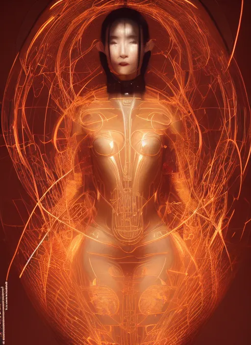 Prompt: portrait of a sensual futuristic geisha cyborg, kintsugi, modern fine art, fractal, glowing calligraphy, intricate ornaments, elegant, highly detailed, digital photography, subsurface scattering, by jheronimus bosch and greg rutkowski,