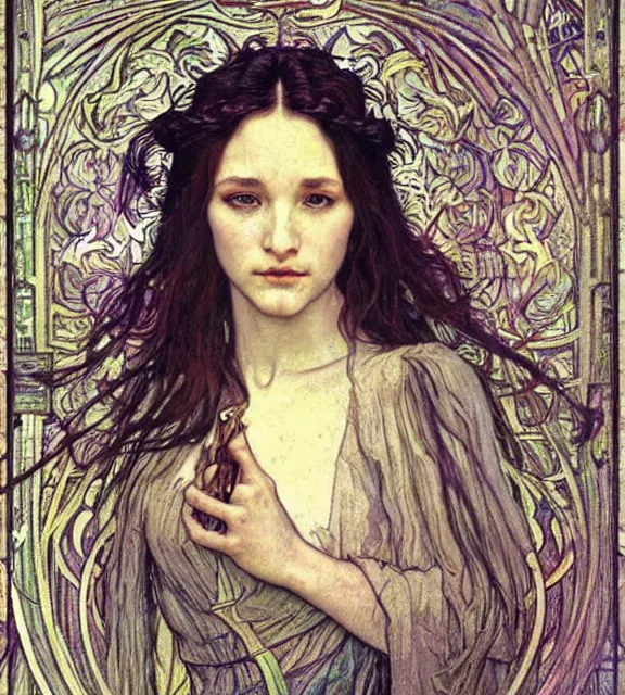 Image similar to detailed realistic beautiful young medieval queen face portrait by jean delville, alphonse mucha, vincent van gogh, and marco mazzoni, art nouveau, symbolist, visionary, gothic, pre - raphaelite