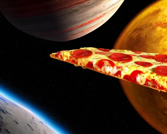 Prompt: a single slice of pizza spaceship in orbit over a single planet space wallpaper starwars digital art 4 k atmospheric cinematic shot octane render