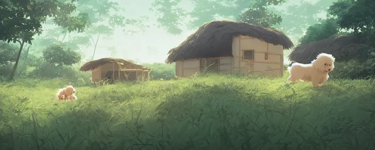 Image similar to a cream - colored havanese dog building a house from leaves and trees at a tropical beach, atey ghailan, goro fujita, studio ghibli, rim light, exquisite lighting, clear focus, very coherent,