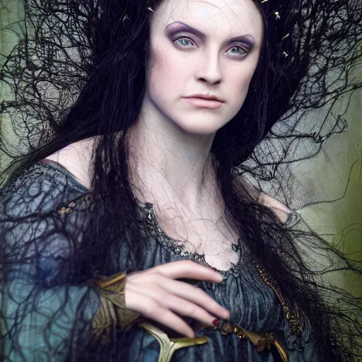 Prompt: a realistic portrait closeup 5 0 mm studio photograph by annie leibowitz of morgan le fay, an attractive, powerful and ambiguous enchantress of legend.