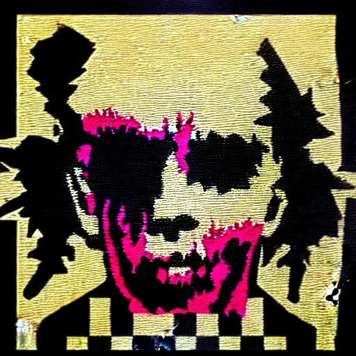 Prompt: painting on a badge!!!!, punks not dead!, exploited!!, clash, junk yard, rats!!, god save the queen!!!, punk rock album cover art style, grunge, no future!!!!, glitch effect