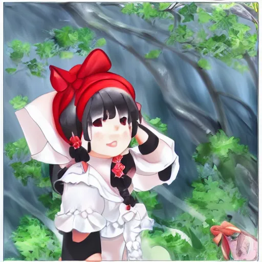 Image similar to a medibang of reimu in the jungle wearing bonnet