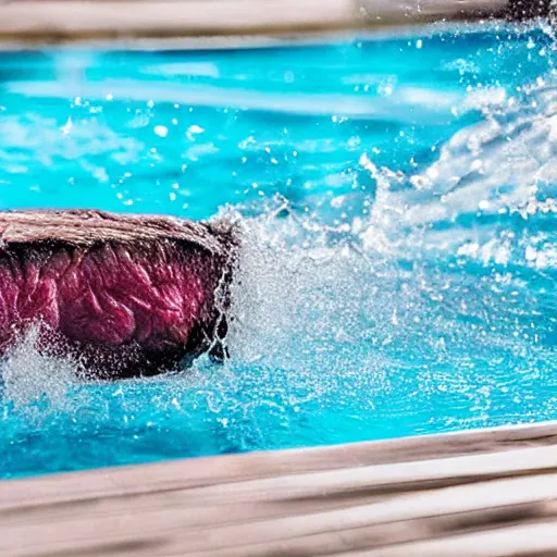 Prompt: a medium rare steak on a waterslide, high contrast, slow - mo high speed photography, water splashing, summertime water park